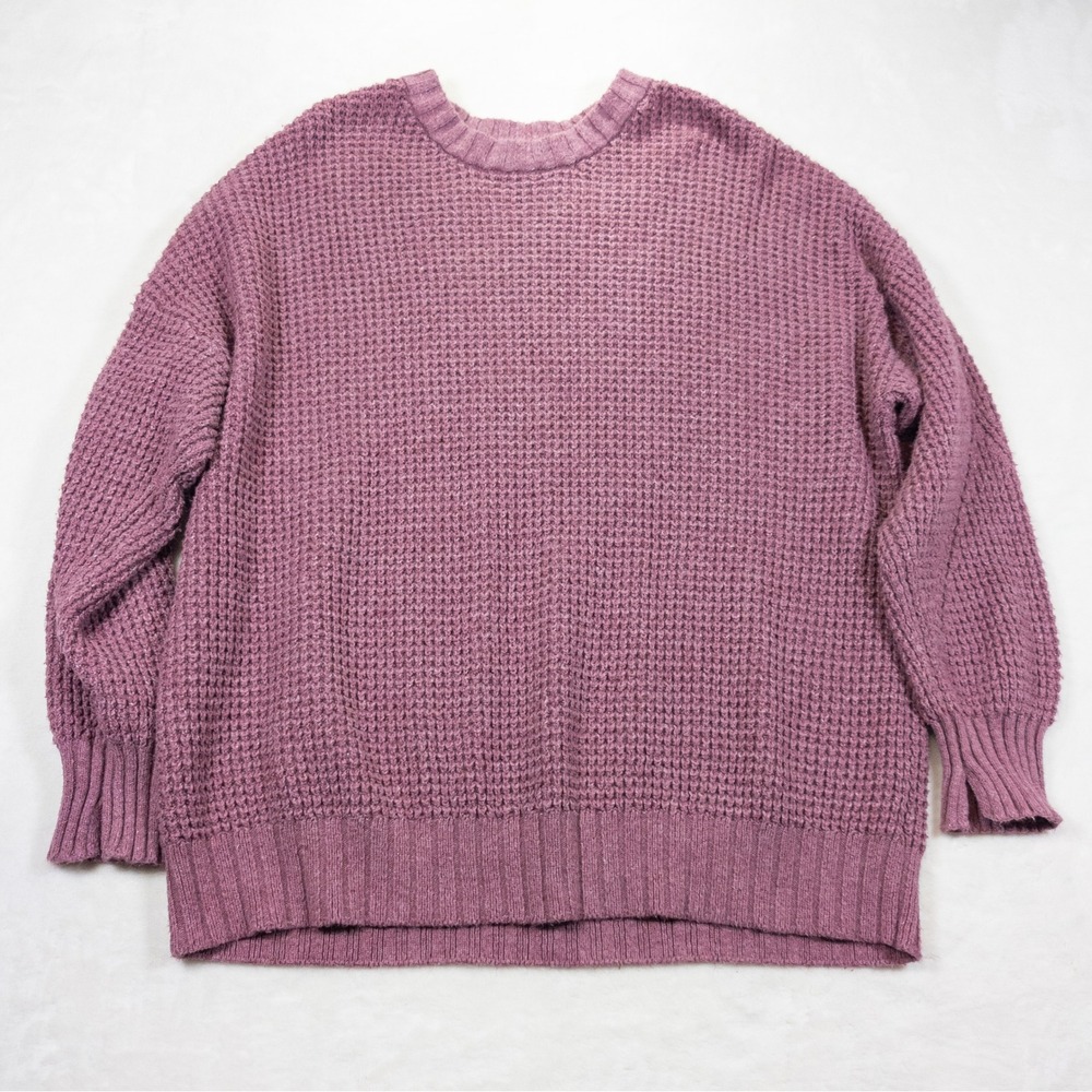 American Eagle Waffle Knit Sweater Women L Pink Crew Neck Slouchy Oversized Boho